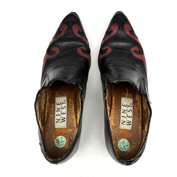 Vintage 80s Nine West Black Leather Reptile Inlay Point Toe Ankle Booties 7.5M - Picture 7 of 16